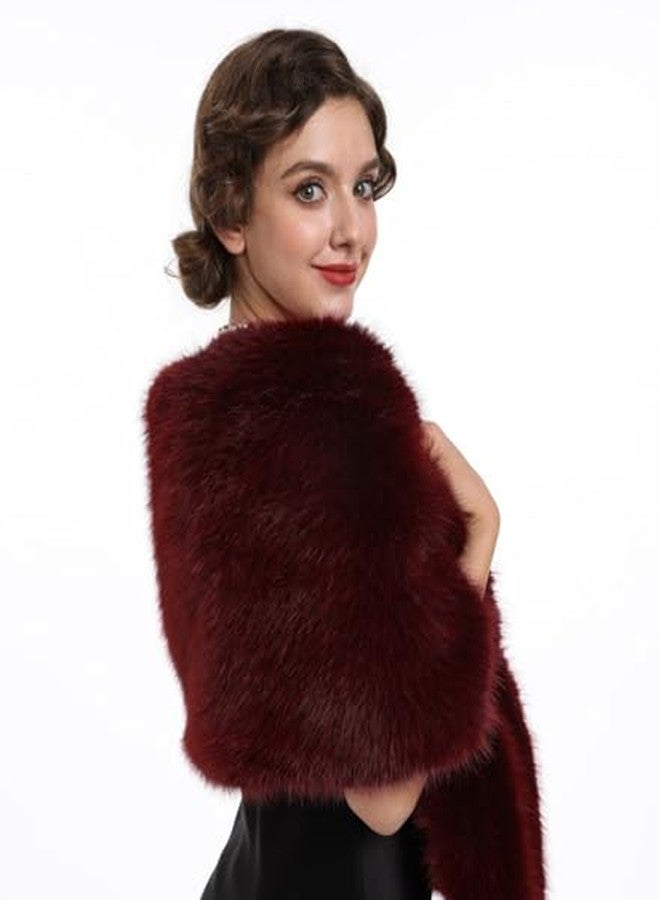 SAFERIN Women Luxurious Large Winter Faux Fur Scarf Wrap Collar Shrug for Lady Poncho Wedding Dinner Party (Shawl-Soild Burgundy) - Image 4